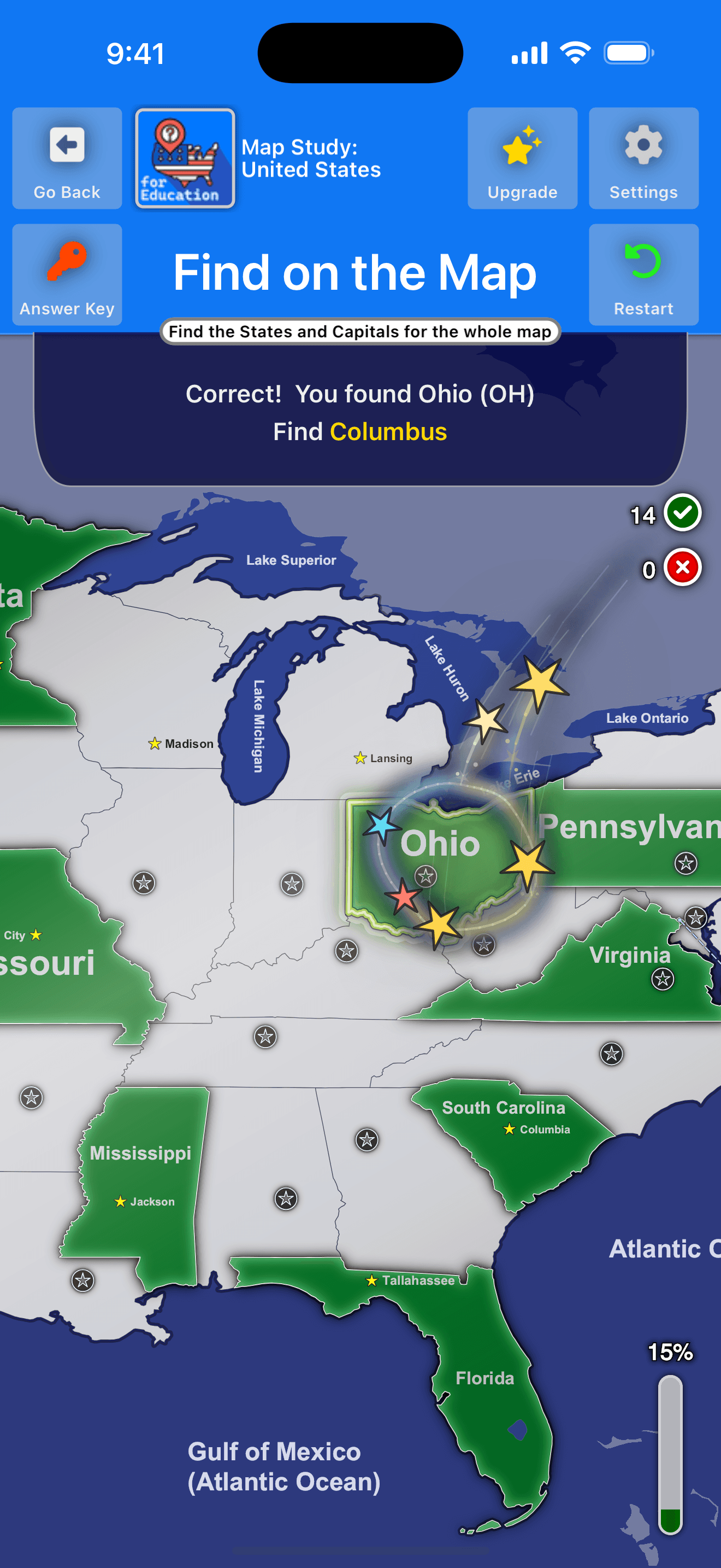 Find on the Map in Map Study: United States, showing Ohio and its capital, Columbus.