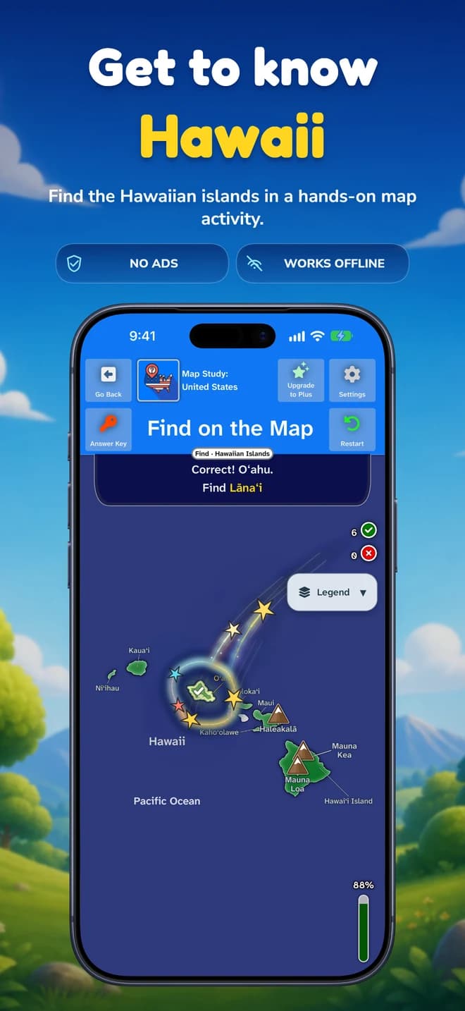 Map Study 7.0 on iPhone: find Hawaii’s islands, with stars celebrating a correct answer.