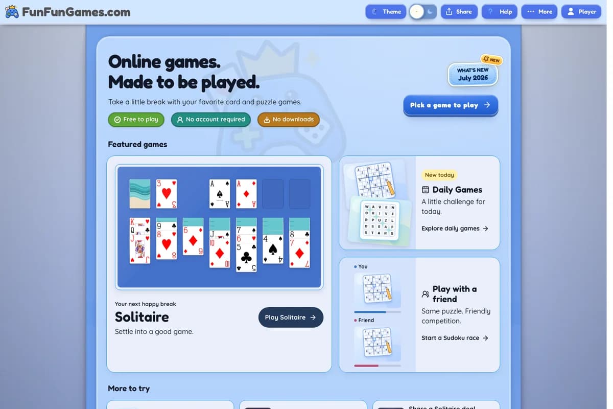 FunFunGames home page featuring Solitaire, daily games, and puzzles to play with a friend