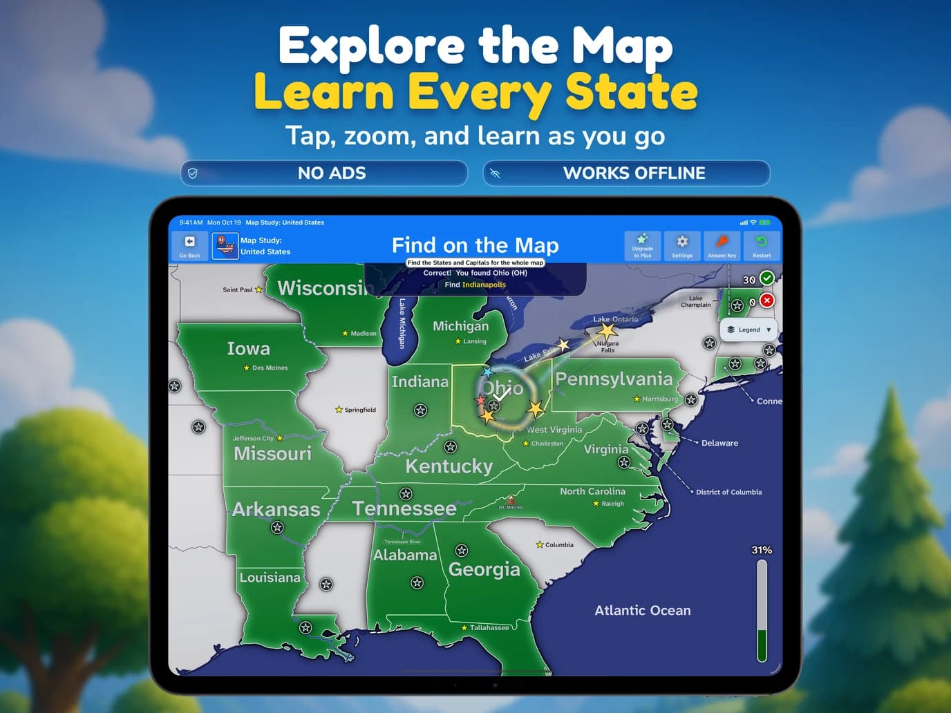 Map Study's United States map and state-finding activity on iPad